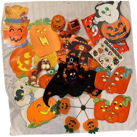 Other - Vintage 18 Halloween Decorations Big Die Cuts Placemats Bat Clings Variety Lot